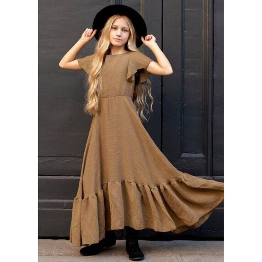 Mia Joy / Joyfolie Camari Dress Girls 12 Dull Gold Boho Maxi Flutter Sleeve